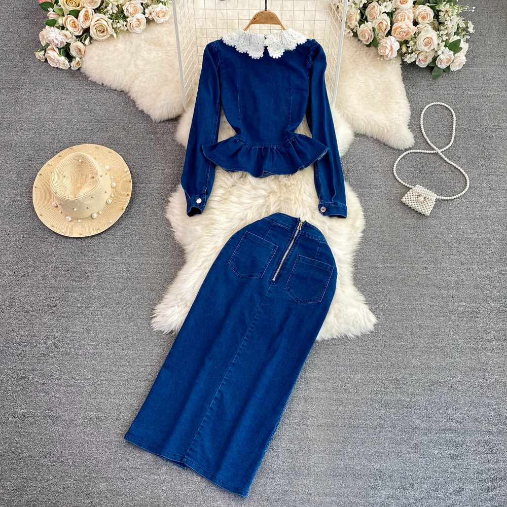 럭셔리 스위트 데님 2피스 세트 여성 의상 레이스 패치워크 데님 재킷 데님 스커트 세트 하라주쿠 긴팔 탑 가을 봄