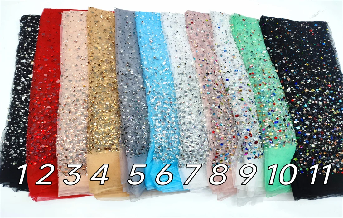 2024 New Design Heavy Stones Nigerian Lace Fabrics African Tulle Net Lace Luxury Crystal Stones Beads Fabrics For Wedding