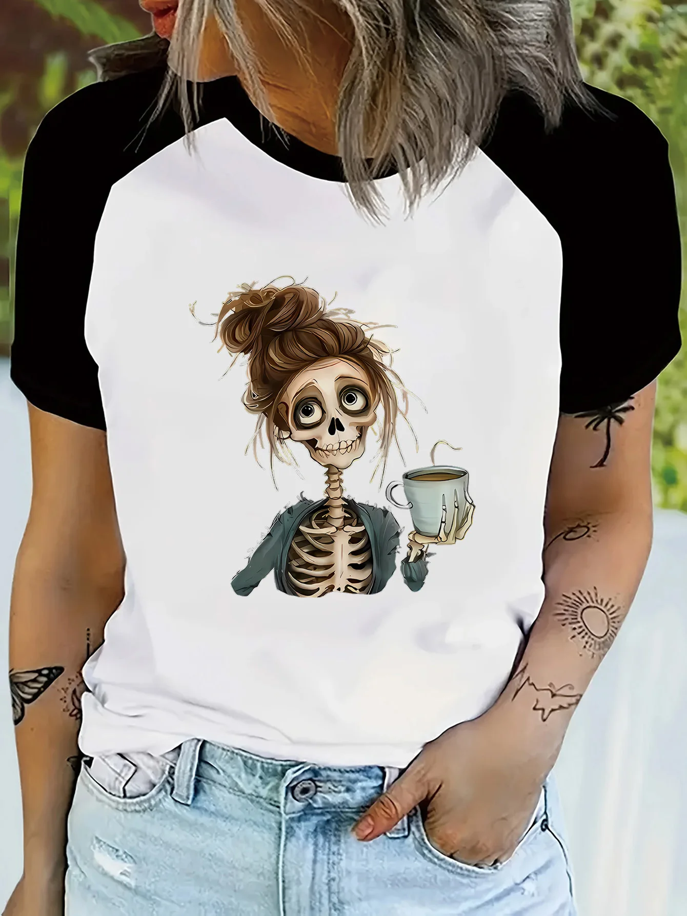 Day of The Dead Graphic Top Skull Skeleton and Coffee Print Raglan Short Skeeve T Shirt Women's Casual Y2k T-shirt Femme Clothes