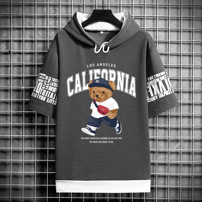 Summer Men\'s T-Shirts Japan Harajuku Fashion Streetwear Short Sleeve Hooded Tops Tees Casual Men Clothing Printed T Shirts Men