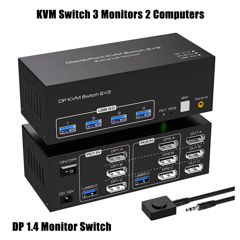 8K @ 60Hz Dp Kvm Switch 3 Monitoren 2 Computers Displayport Kvm Schakelaars Usb 3.0 Kvm Schakelaars Dp 1.4 Monitor Schakelaar Voor 2 Computers