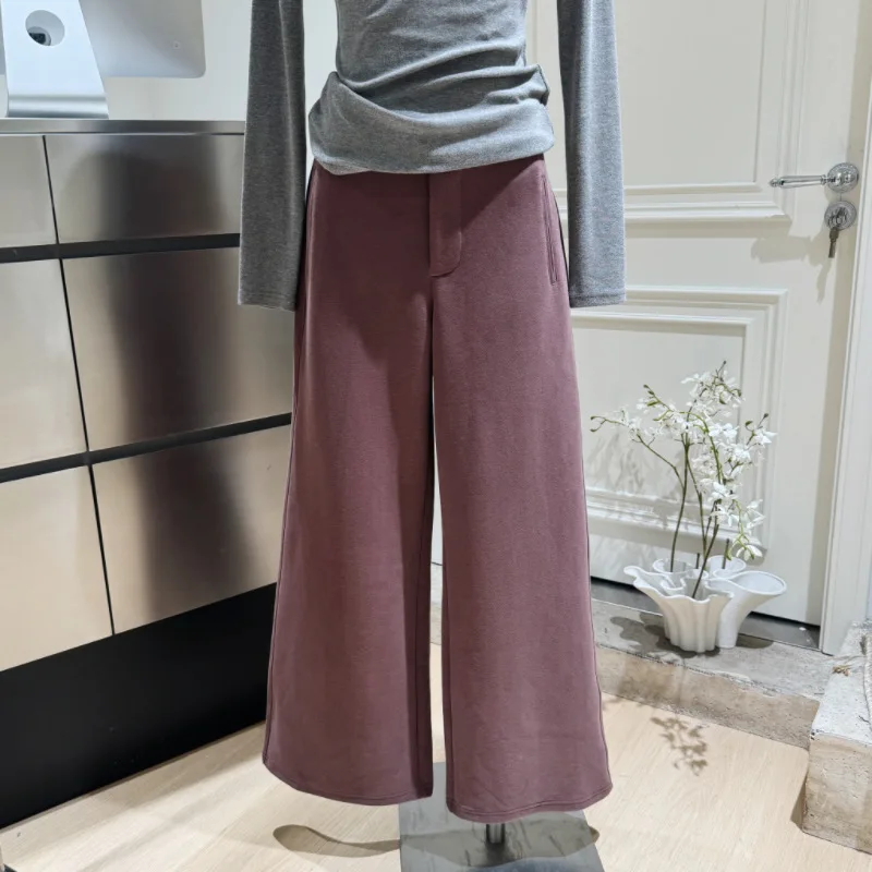 Pantalones de pierna ancha gruesos y cálidos con forro polar para mujer, ropa de calle informal, pantalones largos sueltos de Color sólido, Otoño e Invierno