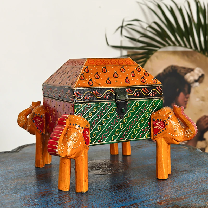 Indian solid wood painted jewelry storage box desktop storage antique creative art retro home decoration ornament