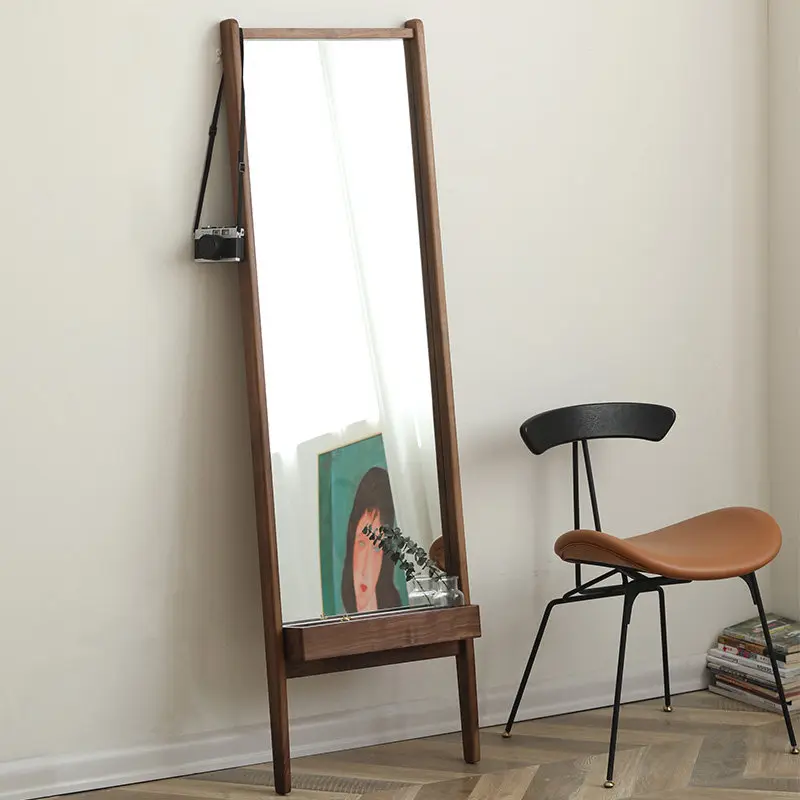 Nordic Japanese solid wood frame floor-to-ceiling explosion-proof full-length mirror black walnut cherry wood home narrow
