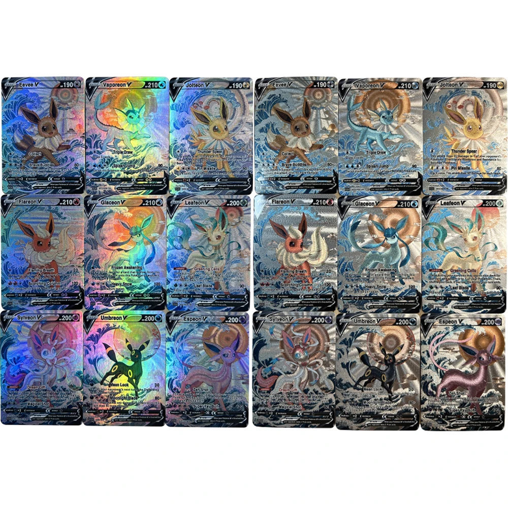 

9Pcs/set Anime PTCG Collection Card Eevee Vaporeon Leafeon Umbreon Espeon English Embossed Texture Flash Card Child Gifts Toy