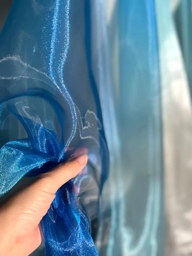 Blue Bilateral Gradient Liquid Pearlescent Organza Fabric Perspective Hanfu Large Sleeved Shirt Designer Sewing Material Cloth view 4