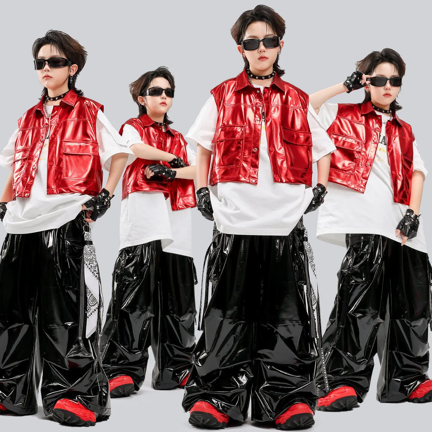 

Hip Hop Girls Vest Leather Cargo Pants Boys T Shirt Street Dance Joggers Children Streetwear Clothes Sets Kids Jazz Costumes