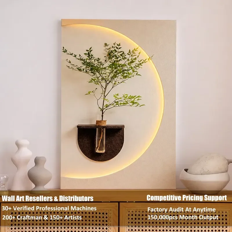 UNIART Custom LED Glow Art Minimalist 3D Relief Sandstone Sculpture Wooden Wall Decor Interior Hanging Mural Vase Decor Wall