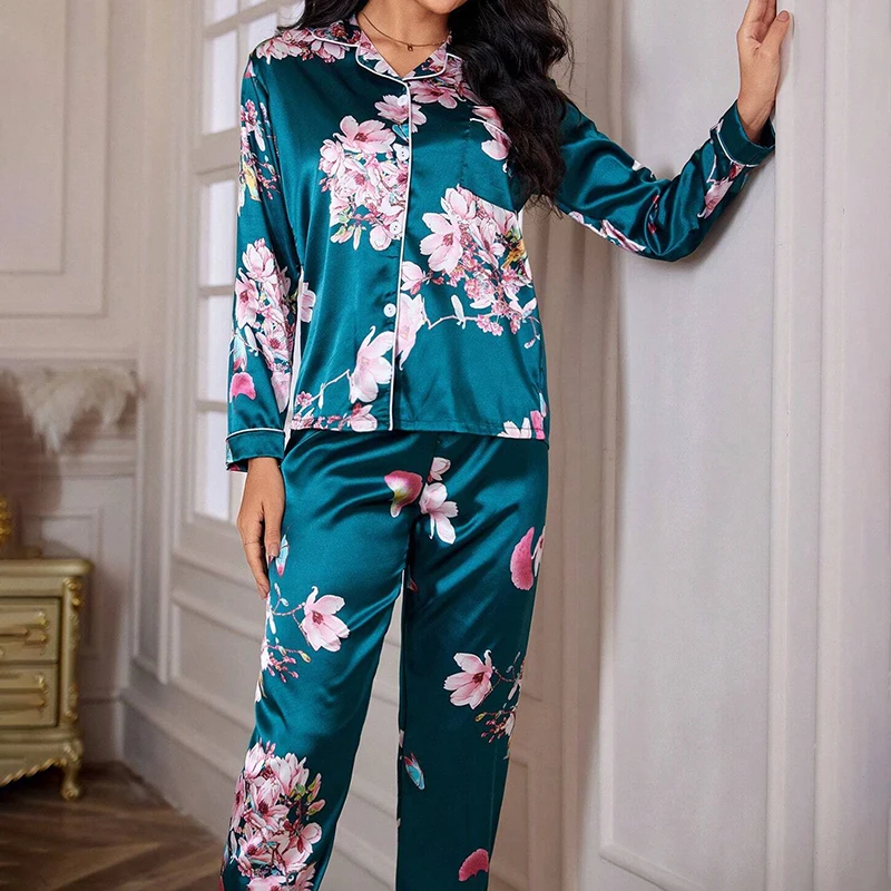 Pajamas For Women Flower Print Satin Long Sleeve Lapel Sleepwear Pajama Pants Home Clothes Nightwear Pyjama Femme Lounge Pj Set