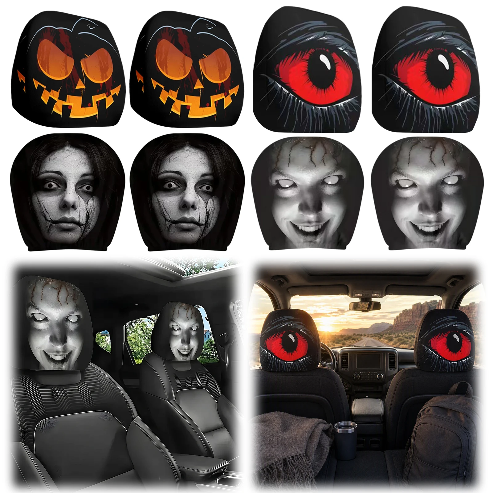 Spooky Skull Car Headrest Cover Ghost Face Elastic Seat Pillow Protector Washable for Cars Truck SUV Interior 2 Pcs