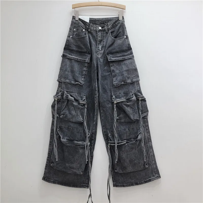 [zoci] Handsome Multi Pocket Elastic Denim Work Pants Women Autumn, High Waist, Loose Fit, Versatile Straight Leg