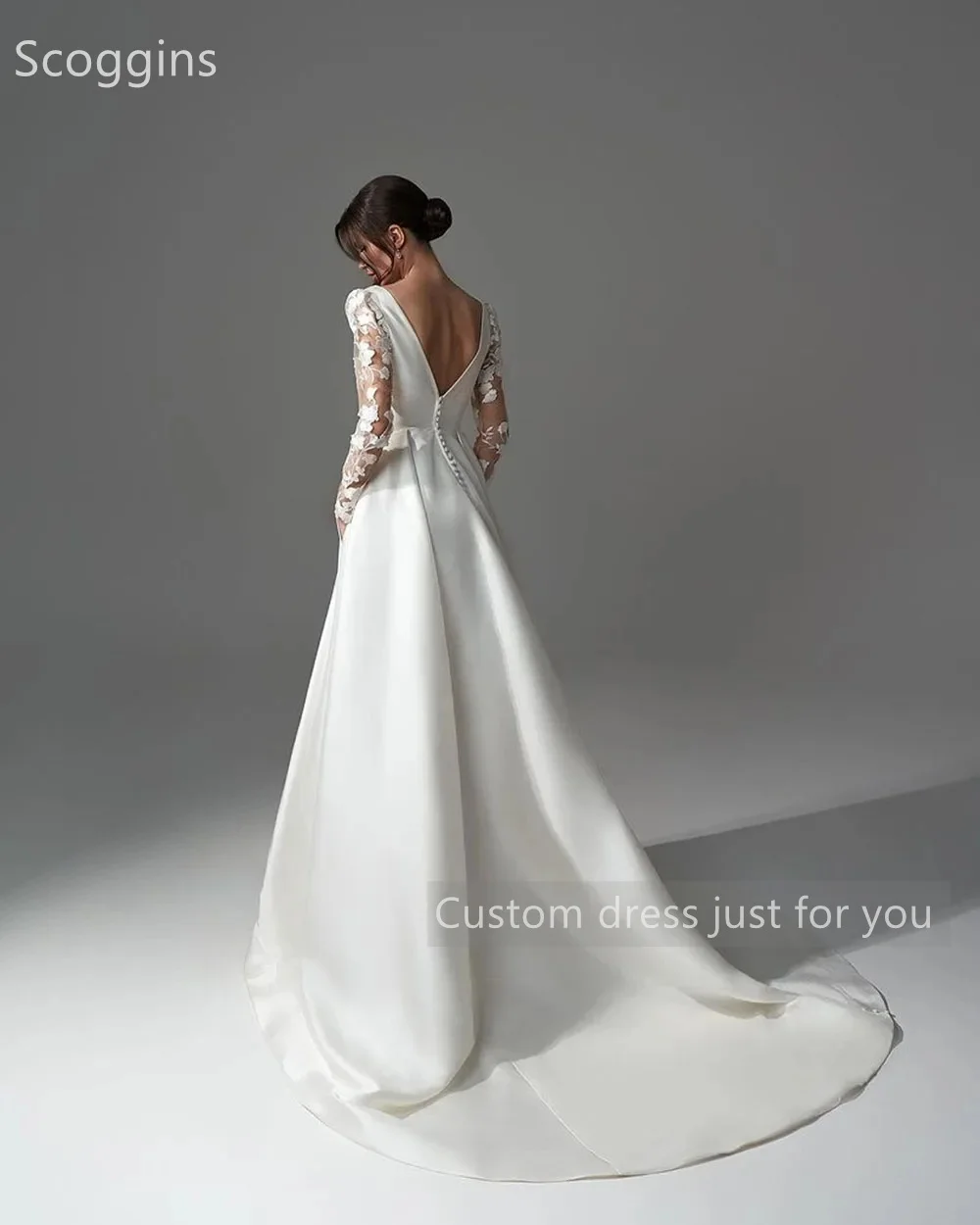 Scoggins  فساتين سهرة Customize Evening Dress A-Line Dubai Luxury V-Neck Floor-Length Long Sleeves Zipper Up Wedding Dress