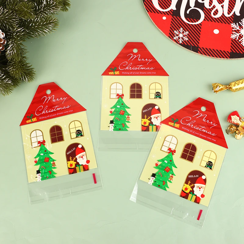 50Pcs Christmas Santa Claus House Shape Candy Gift Bags DIY Cookie Packaging Bag Merry Christmas Party Decoration