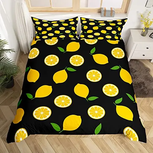 Lemon Duvet Cover Set,Bedding Set 3pcs for Teens Room,Botanical Natural Bright Yellow and Black Quilt Cover with 2 Pillowcases