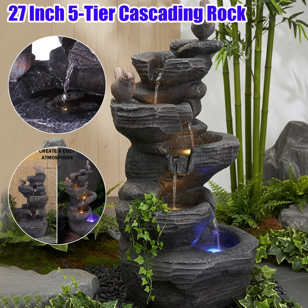 27 Inch 5-Tier Outdoor Water Fountain with Lights Outdoor Garden Waterfall Decor for Patio Garden Backyard Porch Home Art Docor