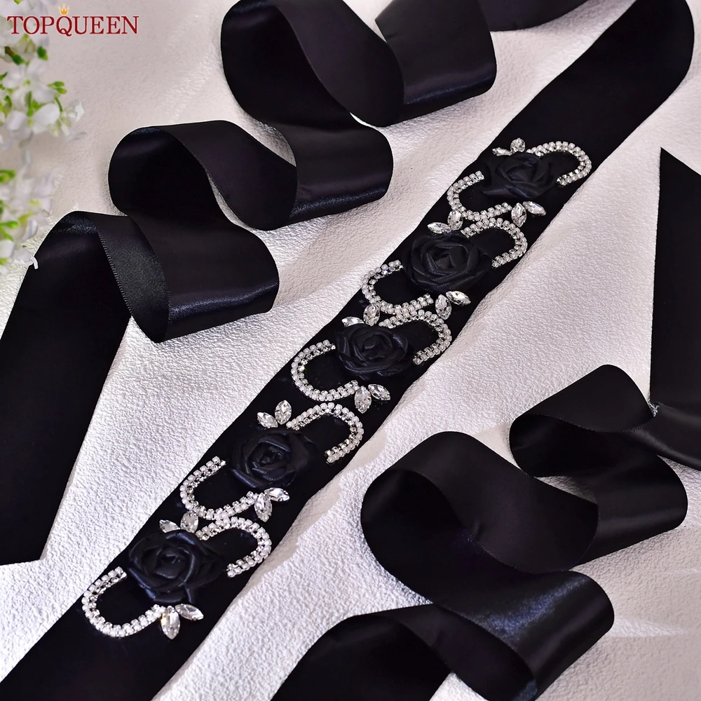 Topqueen cinto de cetim preto de 5cm de largura para mulheres, acessórios de casamento, camisa de roupa de festa com strass de halloween s286