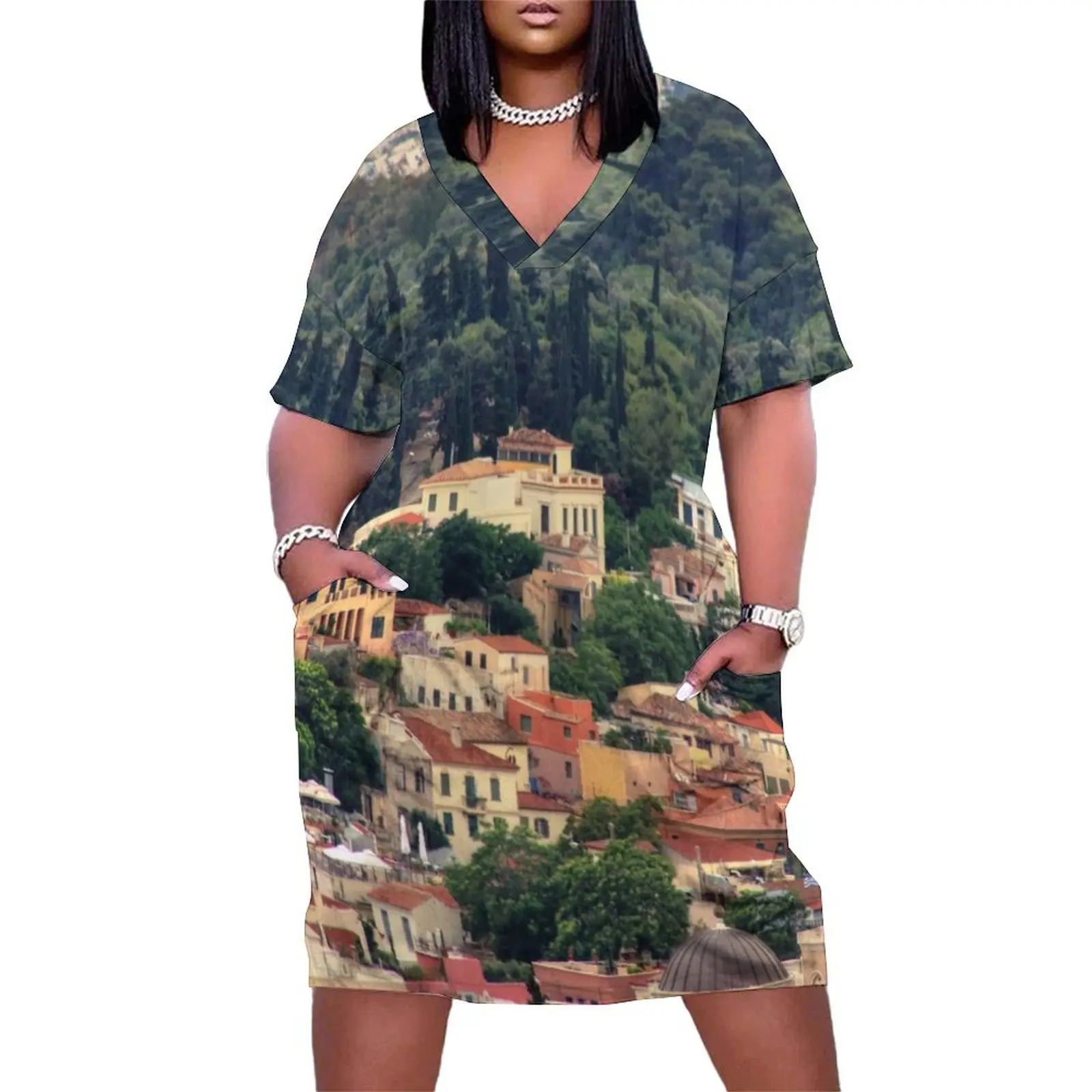 Colourful Buildings Surrounded by Trees Loose Pocket Dress Dresses gala Woman fashion prom dress