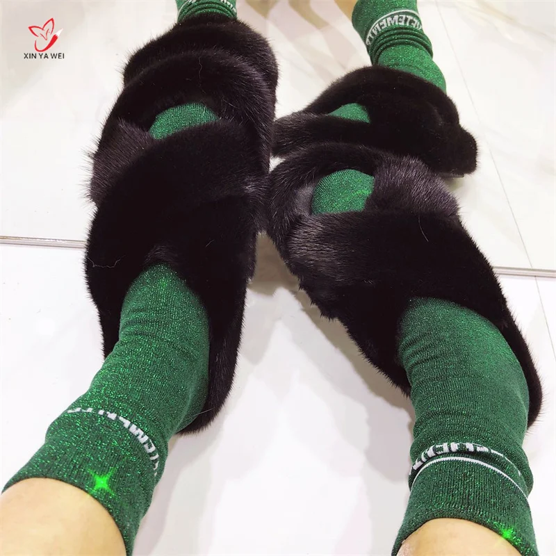 Mink Slippers Winter Women\'s Real Mink Fur Slippers Fashion Ladies Furry Slippers Shoes Women Girls Flat Slippers Outside Shoes