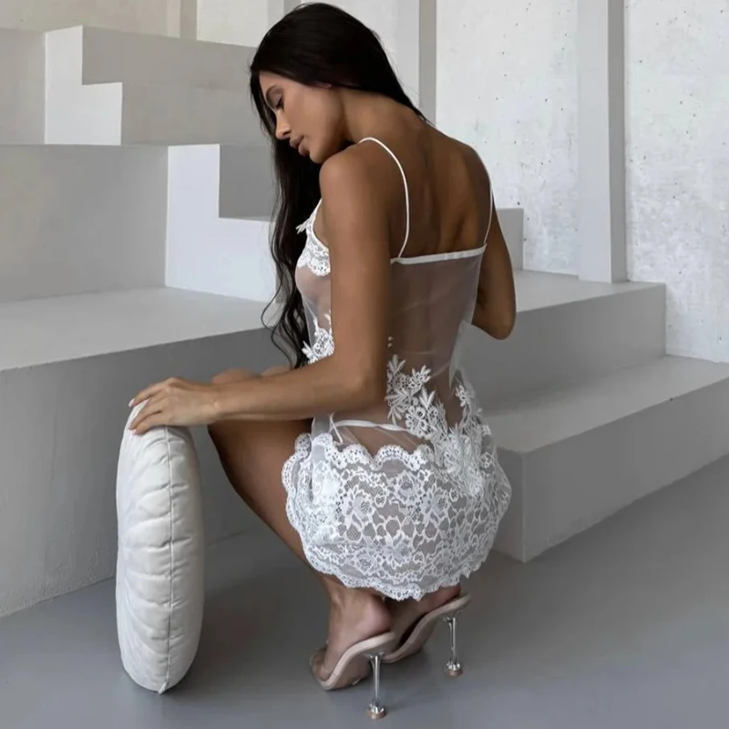 Sexy Lace Chemise Nightgown Women Sheer Mesh Babydoll Sleepwear Solid See Through Clubwear Mini Dress Sleepwear Intimates Slip view 5