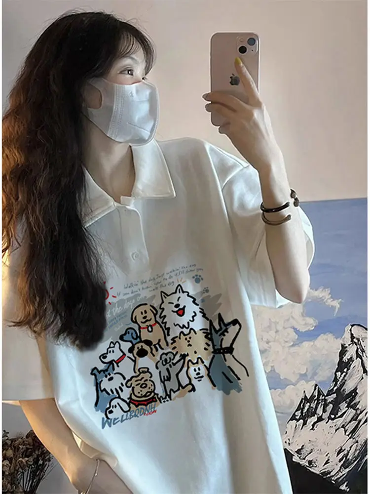 Pure Cotton Polo Neck Short Sleeved T-shirt for Women Spring and Summer New Sense of Design Cute Dog Printed Top Fashion Trend