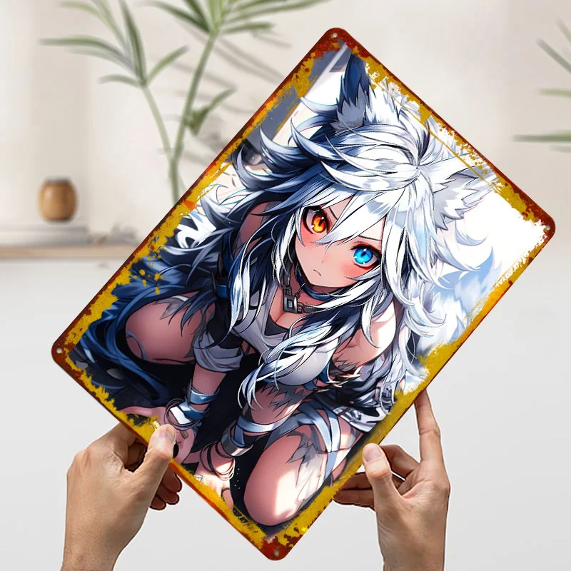 القطب الشمالي Foxgirl المشارك أنيمي جدار الفن الرجعية المعادن تسجيل الديكور غرفة نوم زينة مخصصة القصدير اللوحة للرجل الكهف ديكور #3