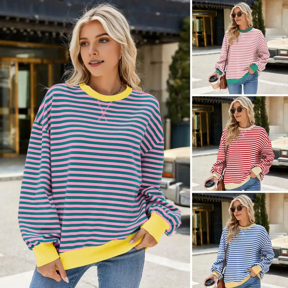 Women Cozy Top Long Sleeve Sweatshirt Striped Print Round Neck Sweatshirt for Women Loose Pullover with Long Sleeves Elastic