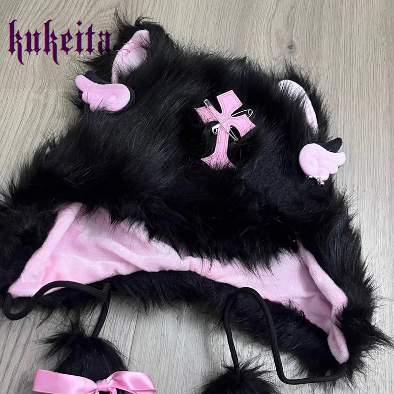 Kukeita Harajuku Gothic Cute Fluffy Plush Faux Fur Cat Ear Hat Y2k Punk Women Winter Windproof Ear Protection Warm Beanie Caps