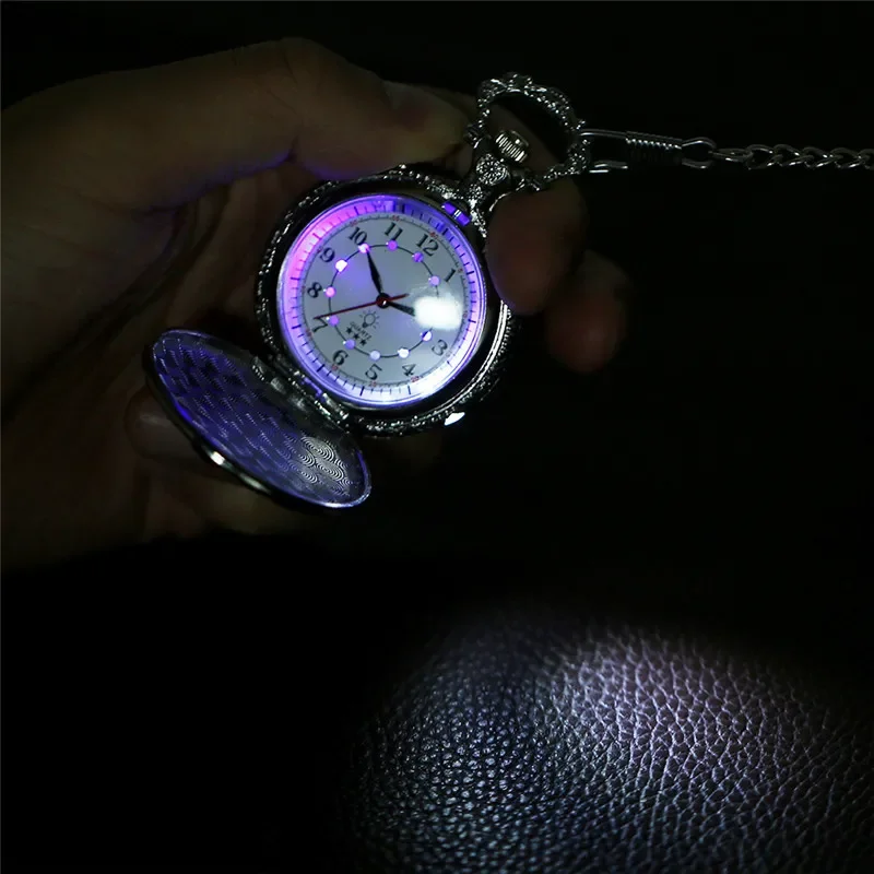 Creative Luminous LED Clock Men Women Quartz Light Up Pocket Watch Holllow Locomotive Train Timepiece FOB Chain Gift