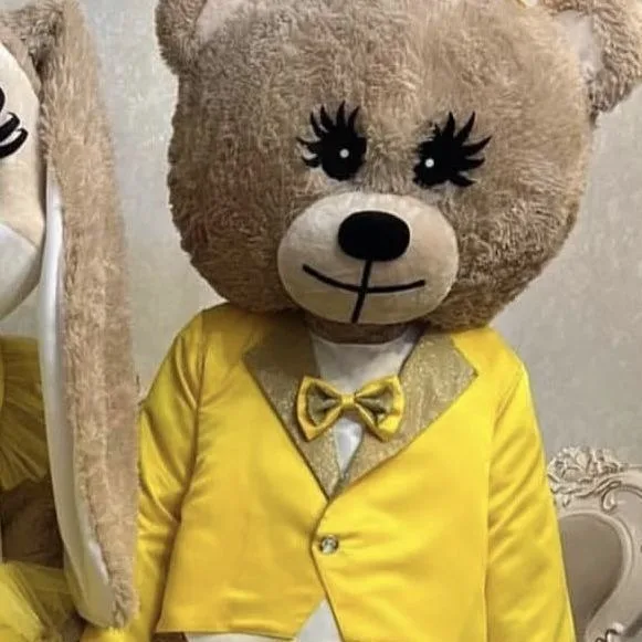 Cute Brown Bear Rabbit Mascot Costume Easter Bunny with Yellow Suits Wedding Dress Hallowee Christmas Fancy Party Outfits