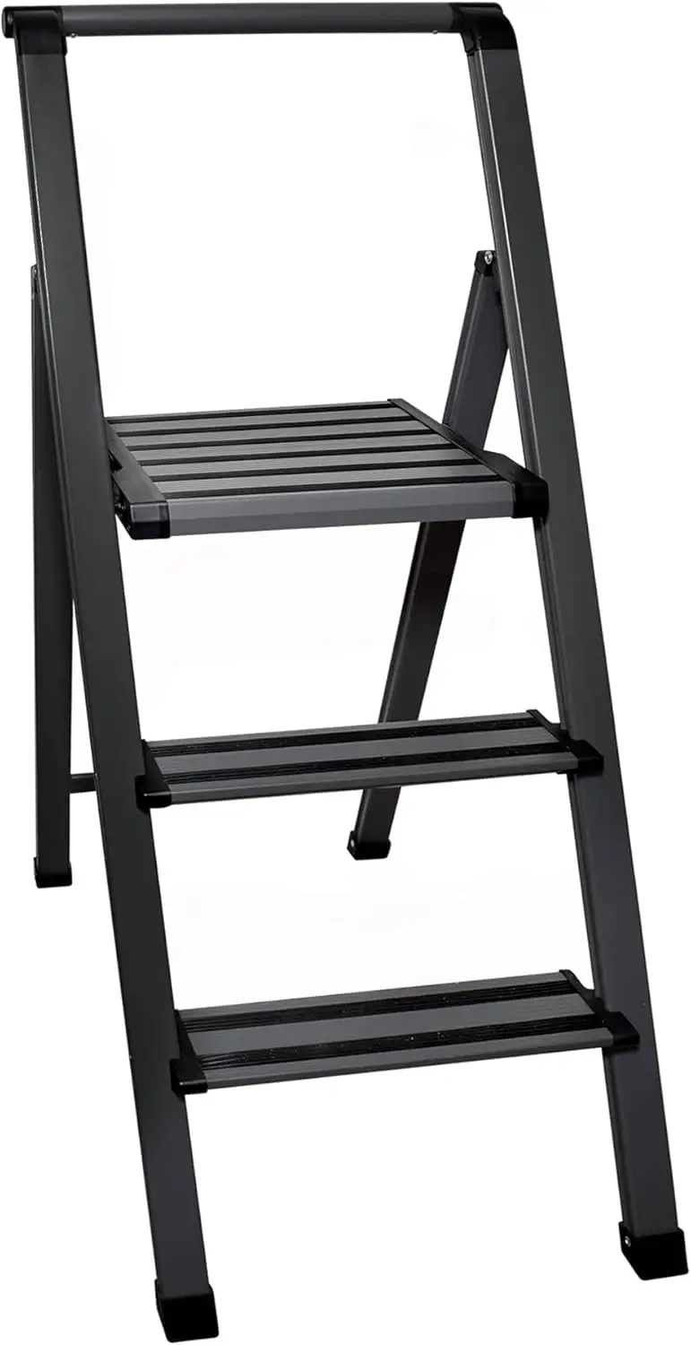 

Step Ladder 3 Step Folding, Decorative - Modern Beautiful Grey Aluminum, Ultra Slim Profile, Anti Slip Steps, Sturdy-Portable