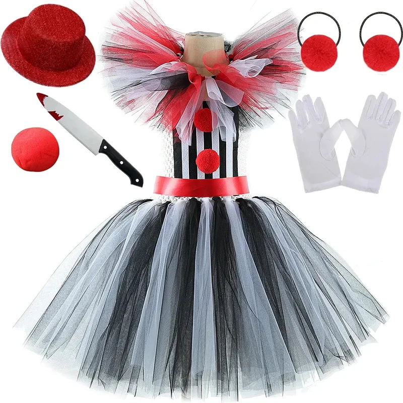 

Terrifier Clown Costumes for Girls Scary Killer Circus Clowns Halloween Tutu Dress Outfit for Kids Carnival Party Creepy Clothes