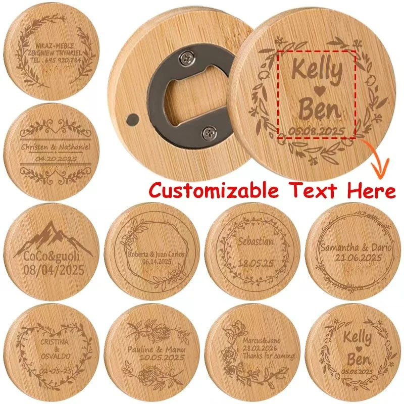 12PCS Customizable Bamboo Bottle Opener with Name and Date for Wedding Gifts for Refrigerator Handmade Magnetic Bottle Opener