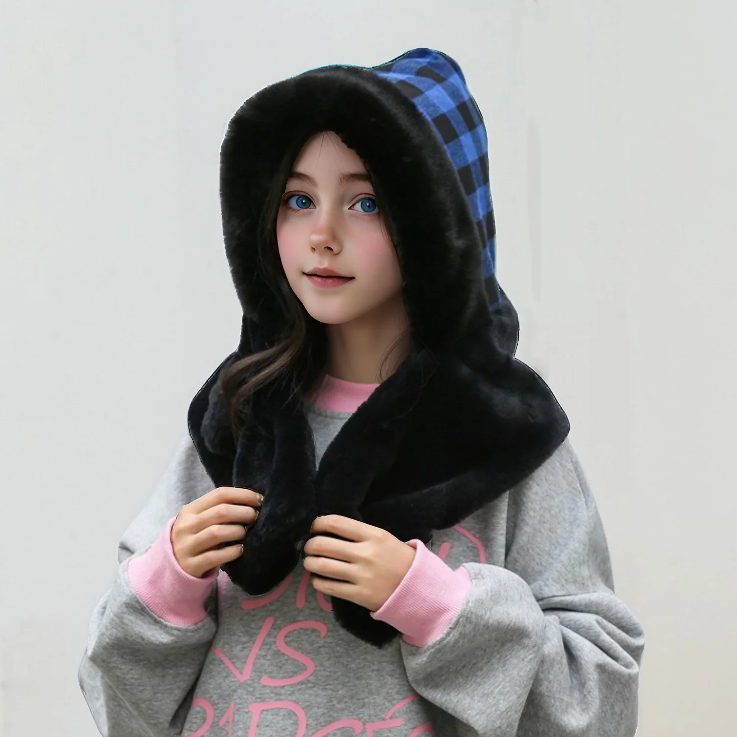 

Winter Plush Hat and Scarf Set with Detachable Mask, Thickened Fleece-Lined Ear Protection,Windproof Design in Checkered Pattern