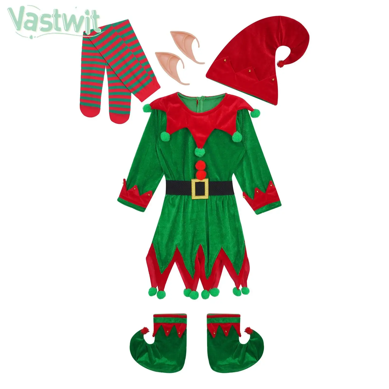 

Kids Christmas Elf Cosplay Costume Dress with Ears Hat Belt Shoes Striped Stockings for Halloween Xmas New Year Party Role Play