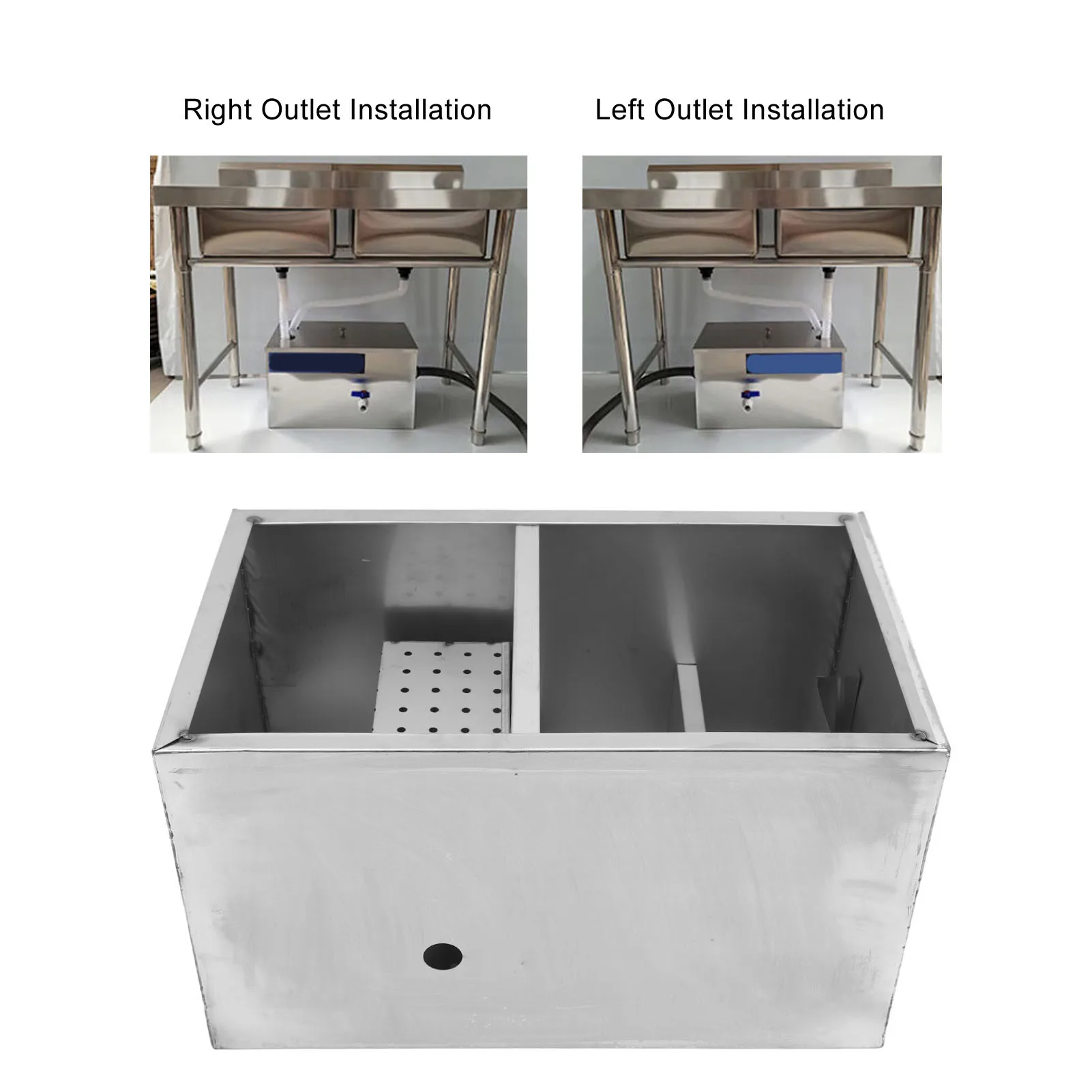 3 Stage Filtration Grease Trap Stainless Steel Grease Interceptor for Kitchen Restaurant 50x25cm Dual Holes