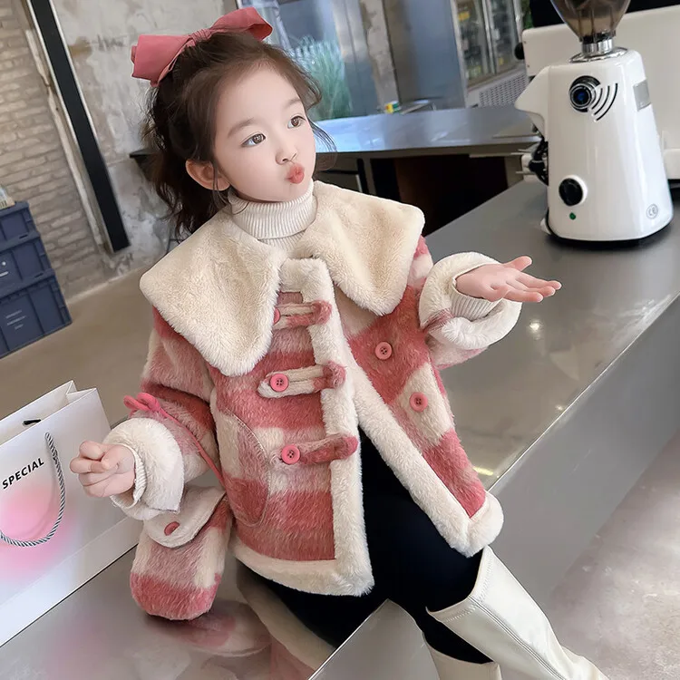 Girls' Velvet Collar Coat Winter Clothing New Style Children's Stylish Baby Winter Thick Warm Fury Coat