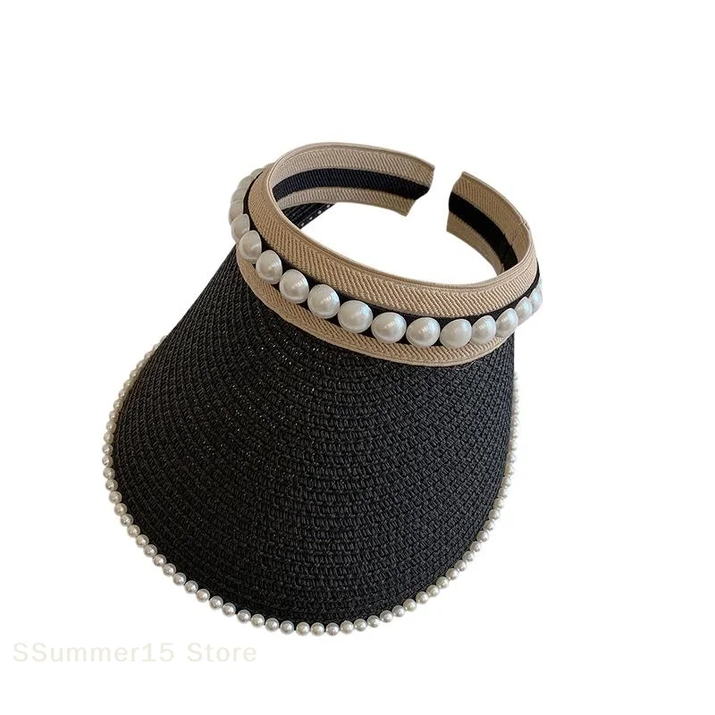 【R】Women's Summer New Fresh Beach Hat With Pearls Open Top Sun Hat Fashionable Raffia Straw Hat