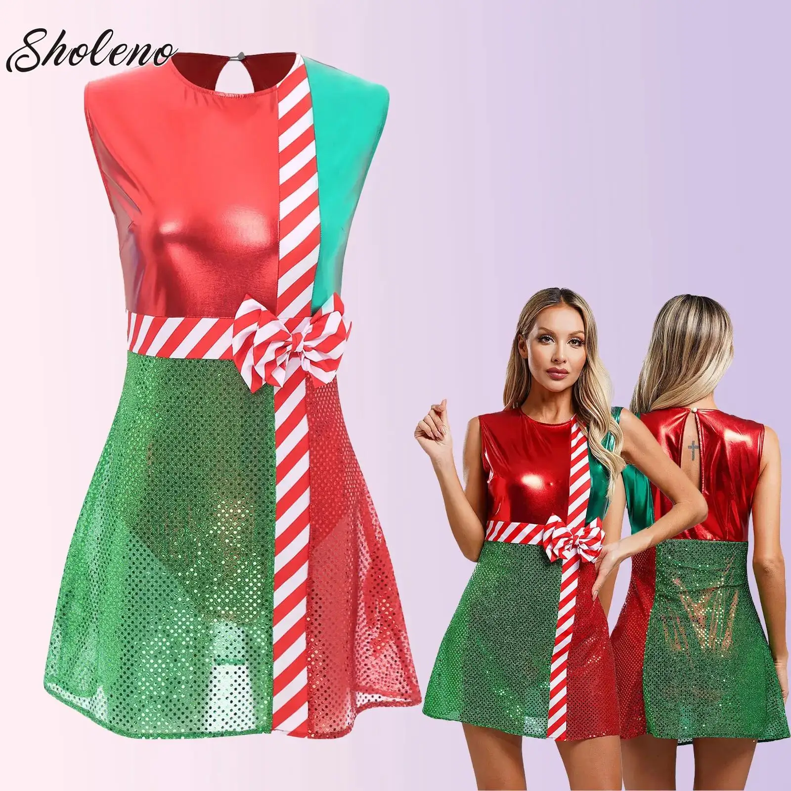

Women Princess Elf Christmas Dress Sequin Candy Cane Santa Claus Cosplay Costume Tulle Mesh Tutu Ballet Leotard Dancewear