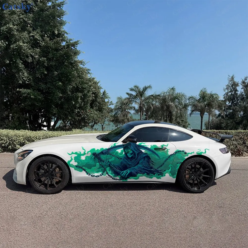 

2pcs Neon Green Splatter Skull Car Side Wraps, Self-Adhesive PVC Waterproof & Scratch-Resistant Stickers, Car Accessory Gift