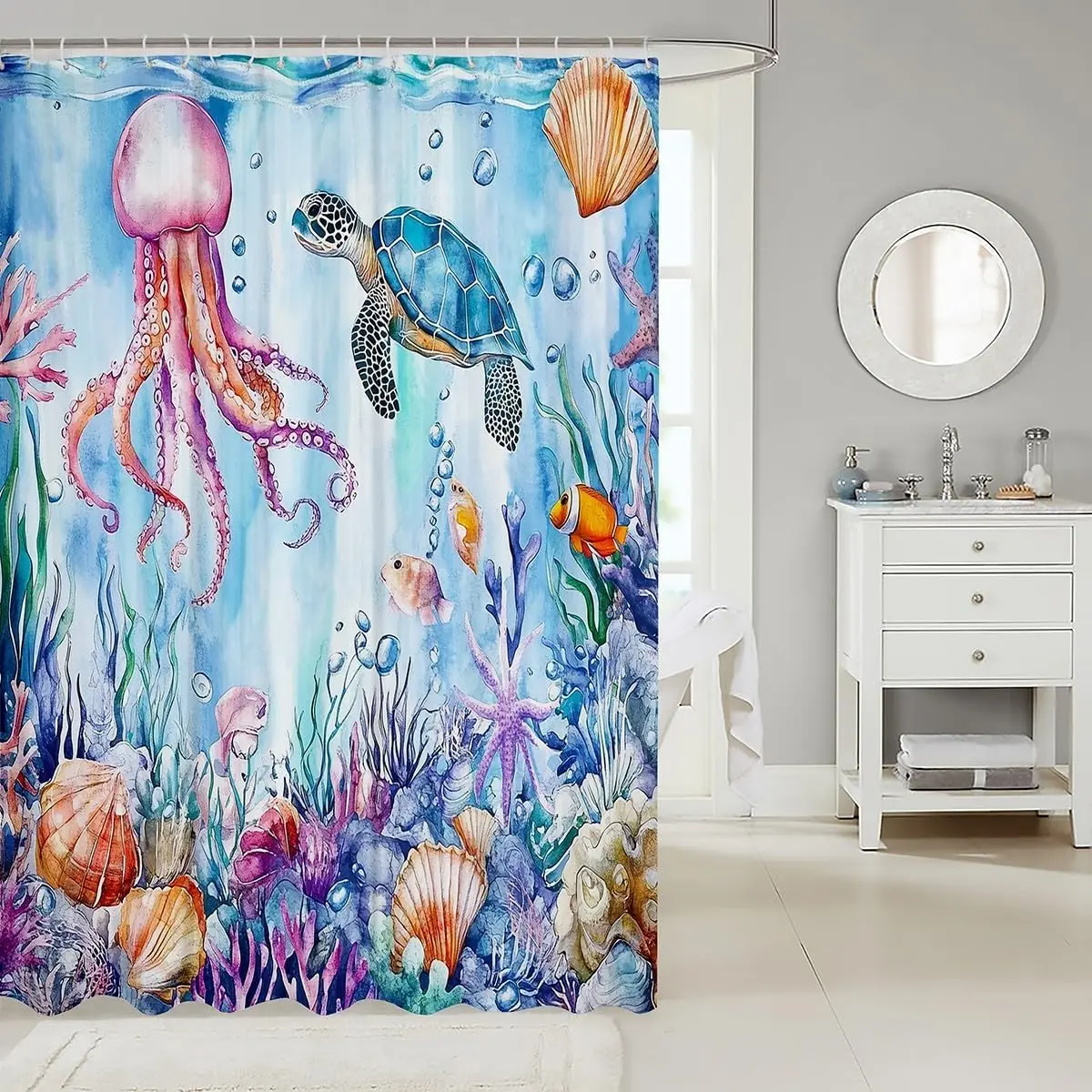 Tropical Ocean Life Aquarium Shower Curtain Coral Reef Sea Scene Jellyfish Turtle Waterproof Bathroom Decor 180x180cm