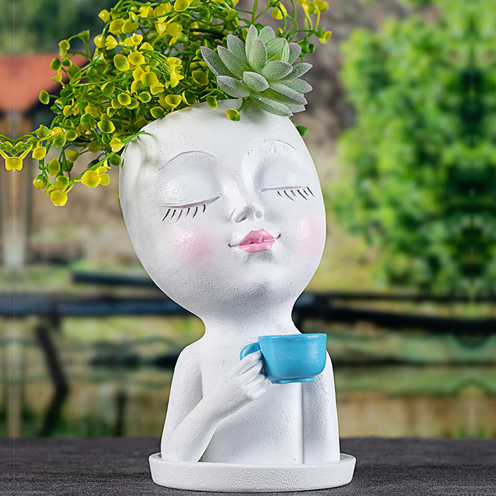 Head Planter Pot Face Flower Pot With Drainage Hole Handmade Unique Creative Multicolor Resin Girl Face Flowerpot