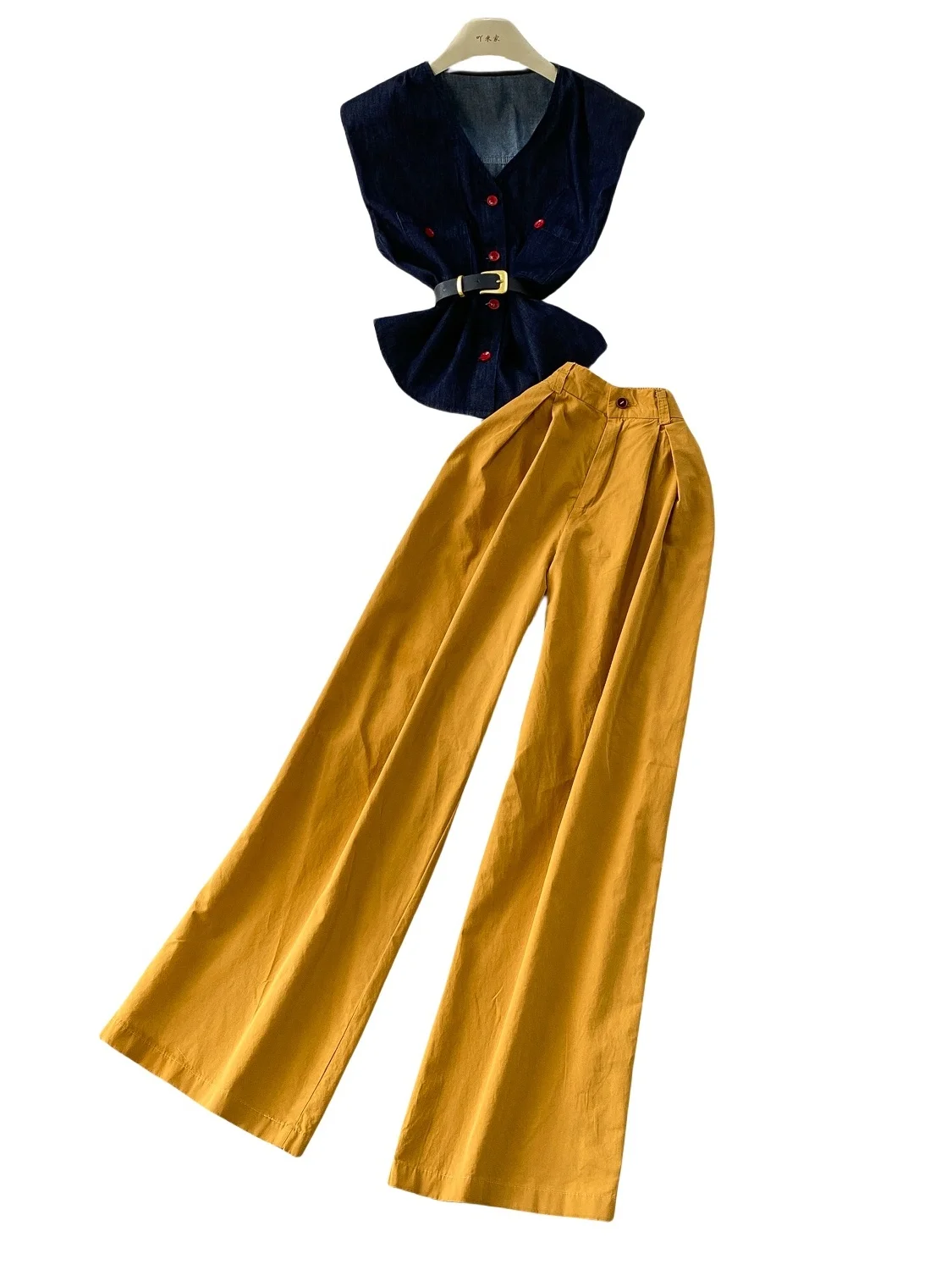 Ele Vintage Svel Jaet High Waist Wide Leg Pants Single Button Suit Two Piece Set for Young Women Summer Faion