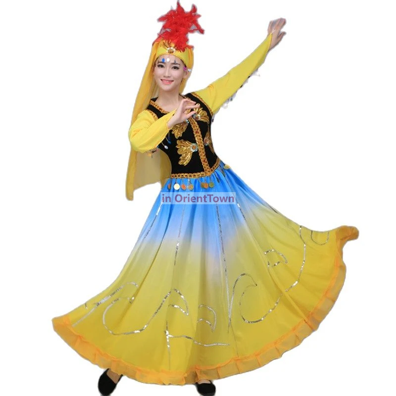أزياء الرقص الشعبي الصيني شينجيانغ الملابس النسائية الوطنية فستان المسرح الشرقي ملابس الأداء الملونة