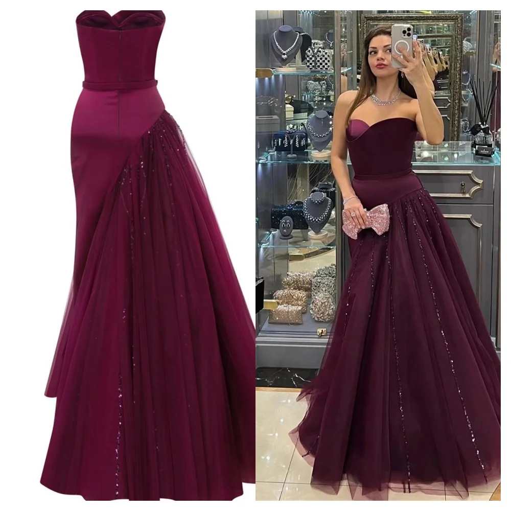 

Customized Modern Burgundy Jersey Evening Dress Delicate Strapless Sleeveless Party Dress Delicate Floor Length Celebrity Gowns