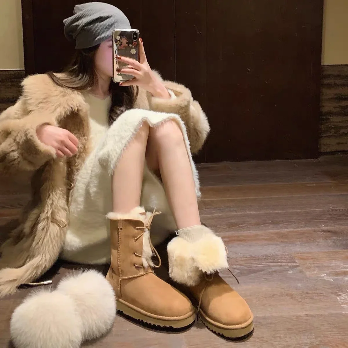 

Hot sale Women's Snow Boots Winter Plus Fleece Fur One 2024 New Mid-tube Boots Cotton Shoes