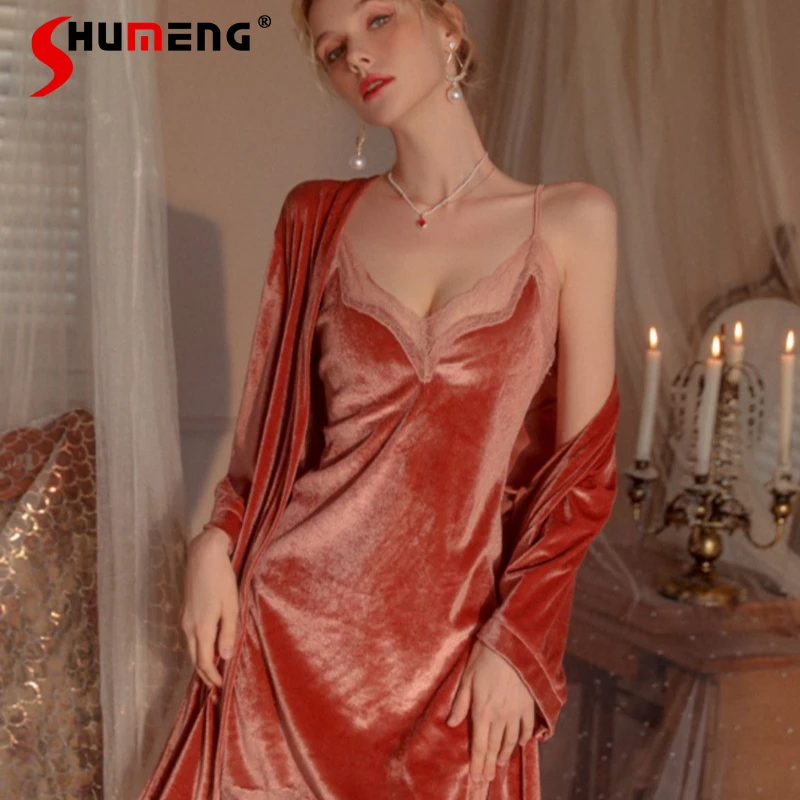 

Sexy Robe Set for Women Velvet Lace High End Camisole Sleep Dress Two Piece Set Female Winter New Home Wear Gown Suits