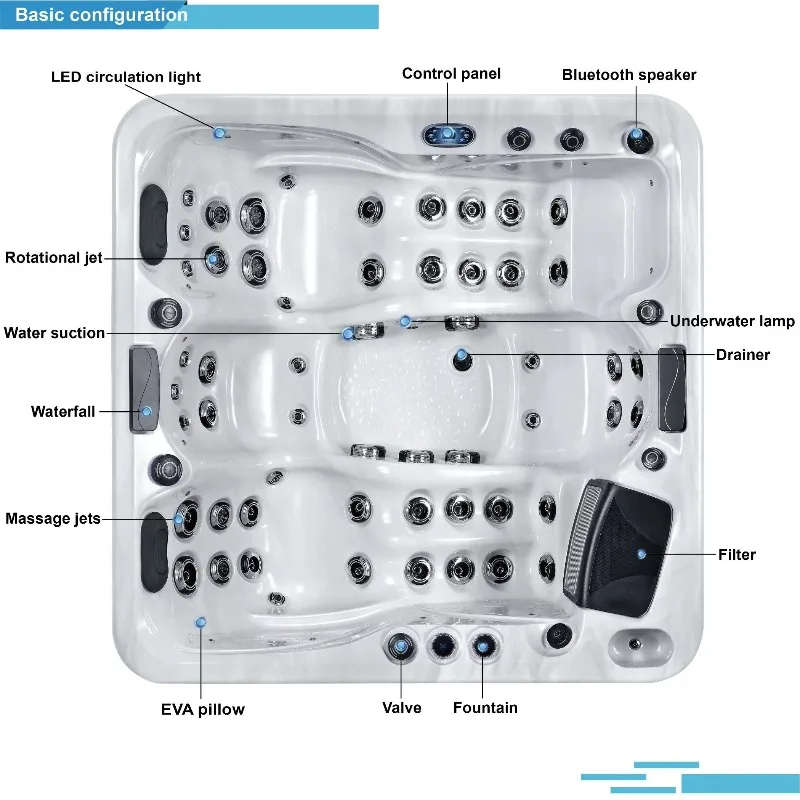 Factory Direct Custom Modern Design Balboa Control Outdoor Square Hot Tub 4 Person 6 Colors Free Logo 50 Jets