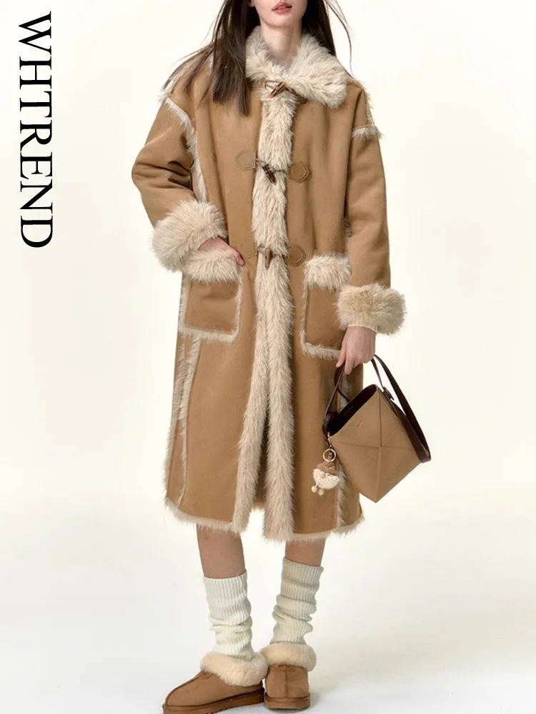 

WHTREND Suede Fur Integrated Faux Fox Fur Coat For Women Winter Mid Length Loose Warm Fur Coats With Pockets Fashion Luxury