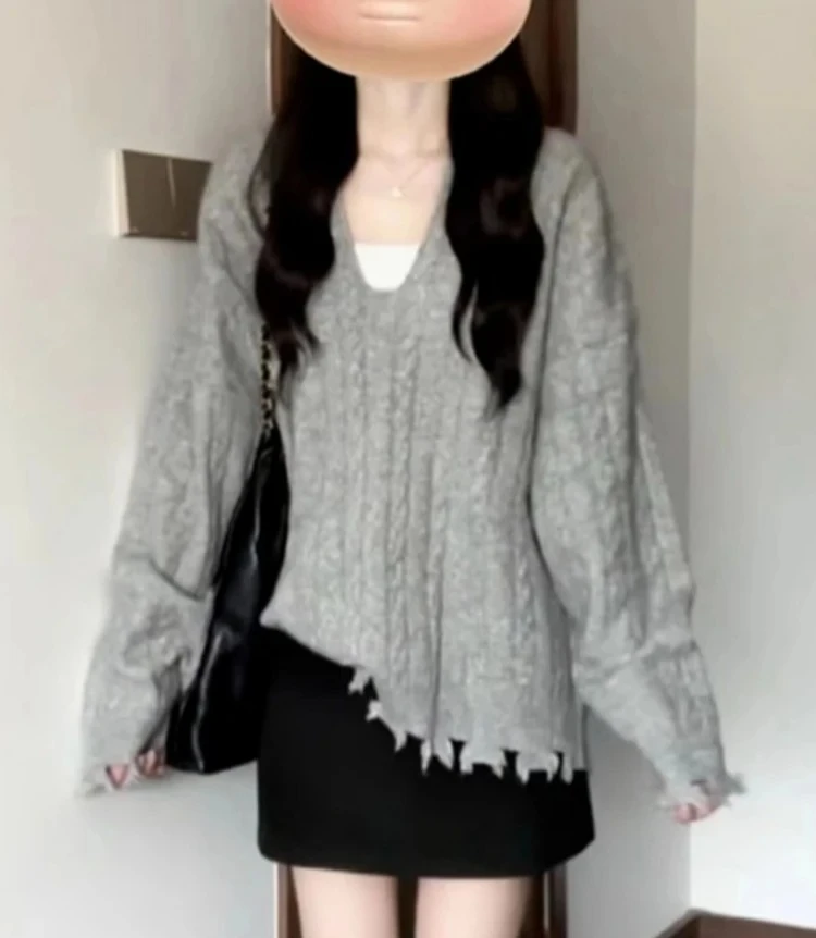 

V-Neck Korean TopAutumn Winter Loose Solid Color Knit Women Pullovers Casual Street Fashion Simple