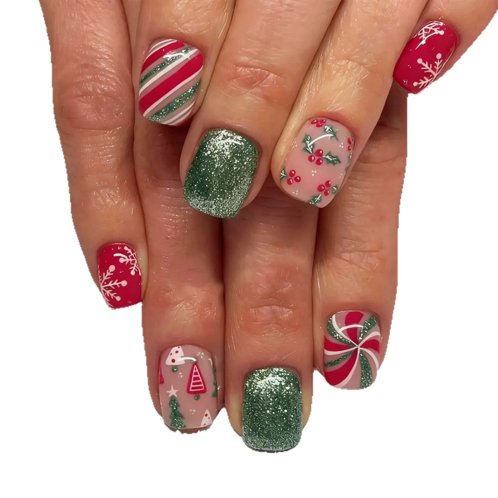 

2026 New Simple Christmas Nail Art Wearable Nail Art, Sweet Colorful Striped Glitter Snowflake Leaf Short Wearable Nail Tips